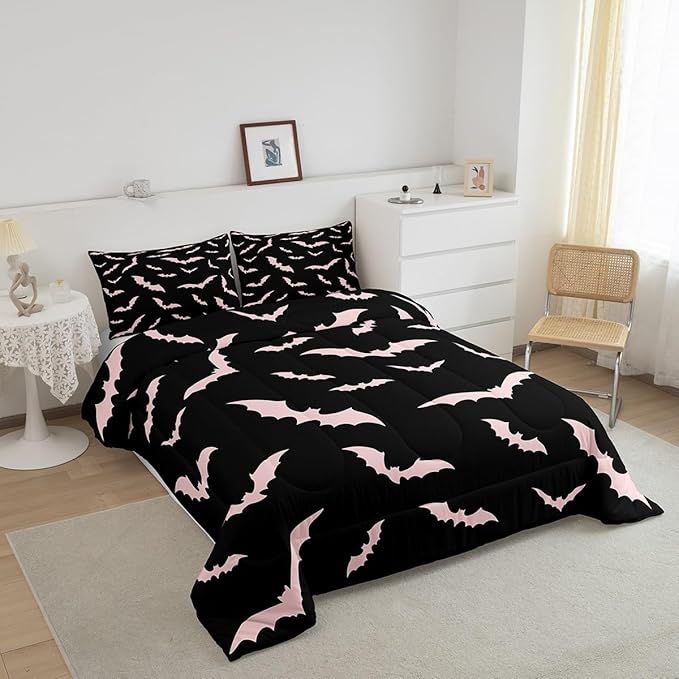 Erosebridal Bat Comforter Set Halloween Pink Bats Bedding Set with 1 Pillow Case Silhouette Gothic Quilt Twin Size for Kids Boys Youth Gothic Spooky Bedding Comforter Sets,Black
