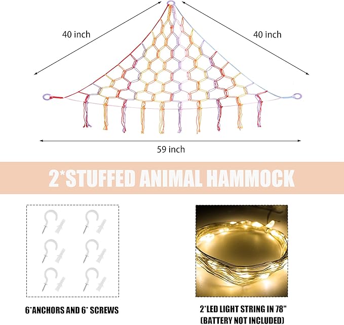 Stuffed Animal Hammock with LED Light, Large Stuffed Animals Storage Corner Plushie Net for Kids Room Decor, 2 Packs Rainbow