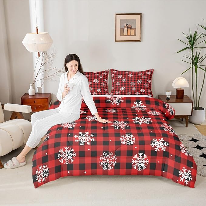 Feelyou Christmas Kids Comforter Set Queen Size Snowflake Red Bedding Set Red Black Plaid Duvet Quilt for Kids Boys Girls Bedroom Winter Snow Decor Microfiber Ultra Soft Breathable