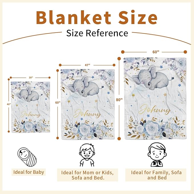 Personalized Baby Blanket for Boys Girls, Custom Baby Blanket with Name, Flannel Blue Elephant Blanket Personalized Gifts for Kids Newborn Infant, Ideal for Birthday Baby Shower(47" x60)