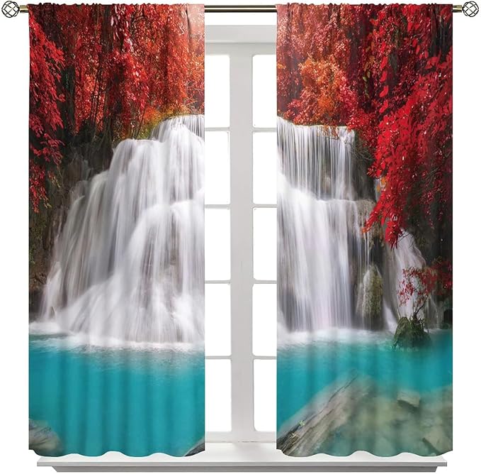 Red Forest Waterfall Blackout Windows Curtains, Tree Landscape Woodland Scenic Nature Fall Scenery Art Printed Curtains, for Living Room Bedroom 42x63in 2 Panels