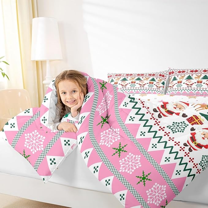 Feelyou Merry Christmas Comforter Set All Season Santa Claus Bedding Set with 1 Pillow Cases Cute Deer Microfiber Kids Twin Bedclothes Snowflake Bedroom Decor Duvet Quilt Breathable Soft