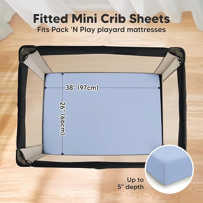 2-Pack Pack and Play Sheets, Waterproof Mini Crib Sheets Fitted - Organic Cotton Pack N Play Sheets for Graco Pack and Play Mattress, Playard Baby Crib Sheets, Neutral for Boy,Girl,Toddler(Blue Flax)