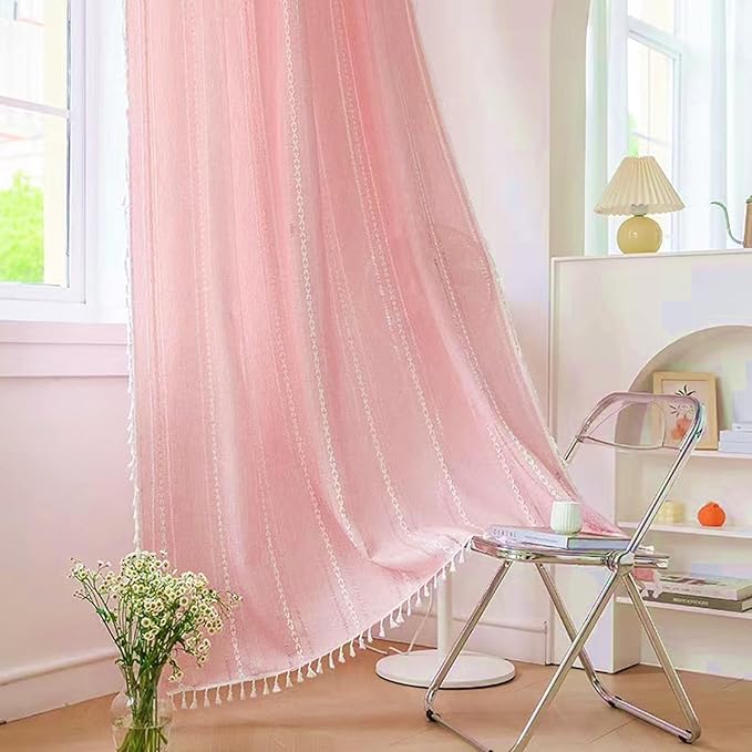Deeprove Pink Boho Linen Curtains 72 inches Length for Blush Baby Girl Bedroom Living Room Dining Nursery, Hollow Semi Sheer Curtains Darkening Embroidery Drape Window Treatment, 1 Panel W52 x L72