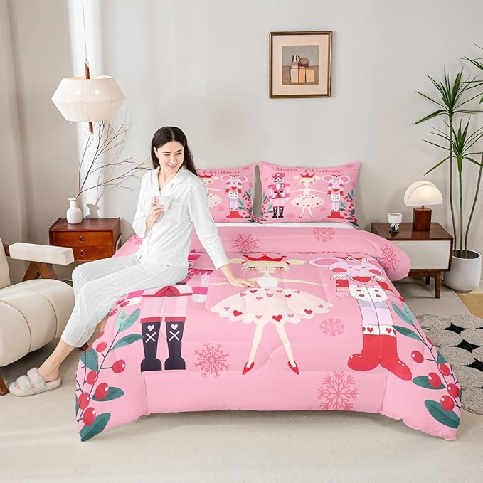 Feelyou Pink Christmas Comforter Set All Season Nutcracker Bedding Set with 2 Pillow Cases Mouse King Microfiber Kids King Bedclothes Royal Guarder Ballet Princess Bedroom Decor Duvet Quilt Soft