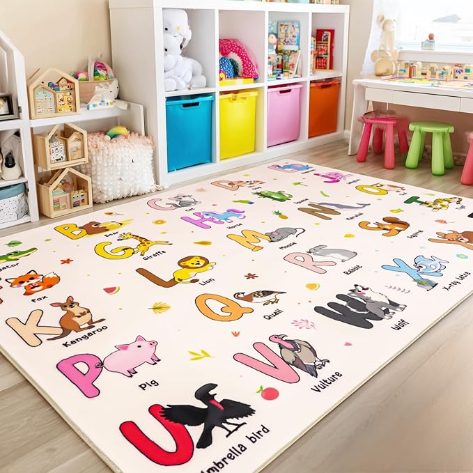 Kids Rugs for Playroom, 8x10 Ft Educational Rug for Learn The ABC Alphabet, Soft Machine Washable Non-Slip Cute Cartoon Animals Carpet for Classroom Toddler Nursery Kids Room Decor, Beige