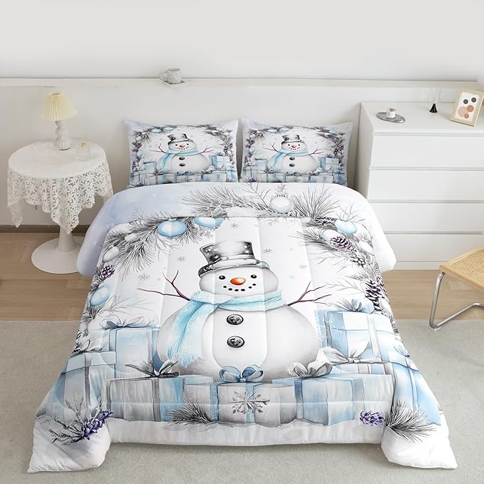 Feelyou Merry Christmas Kids Comforter Set King Size Cute Snowman Bedding Set Duvet Quilt for Kids Boys Girls Bedroom Snowflake Decor Microfiber Ultra Soft Breathable