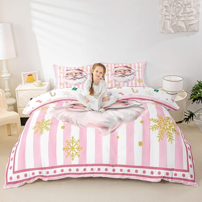 Manfei Cartoon Santa Claus Duvet Cover,New Yrar Decor Golden Snowflake Christmas Theme Bedding Set for Bedroom Decor,Girly Pink Geometric Stripes All Season Bedding (NO Comforter) Queen Size