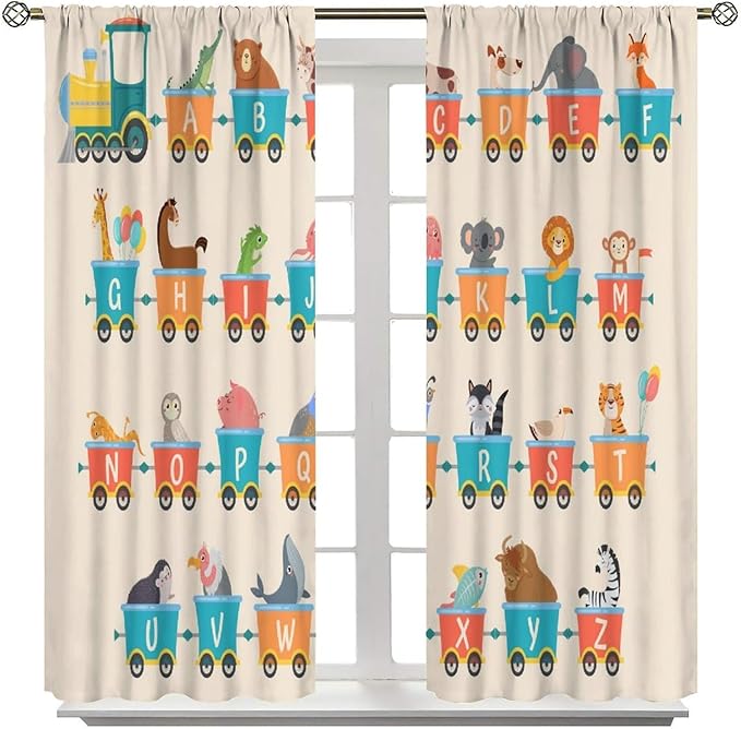 Kids Alphabet Curtains Funny Trains Letter Education School Cute Cartoon Animal Printed Curtain with Rod Pocket for Bedroom Living Room Drapes Window Treatments 2 Panels Set 42" W X 63" L