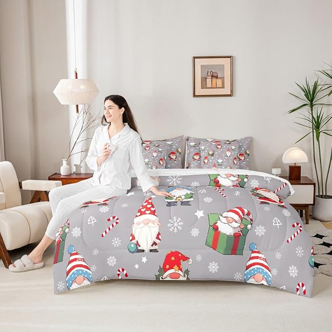 Christmas Gnomes Comforter Set With Sheets 7 Piece Queen Size Cute Snowflakes Candy Bedding Set for Kids Boys Girls Grey Bed in a Bag Reversible Xmas Decor Room Decor Soft Lightweight Microfiber