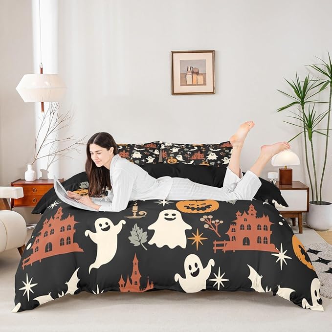 Halloween Bedding Duvet Cover Set Kids Cartoon Jack O Lantern Bedding Set Kids Ghost Pumpkin Lantern Decor Comforter Cover Set Microfiber Bats Castle Bedspread Cover Bedroom Bedclothes King Size