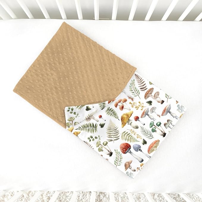 Boho Mushroom Forest Baby Blankets for Girls Boys 30" x 40", Brown Soft Double Layer Minky Blanket with Dotted Fleece Back, Nursery Bed Receiving Quilt for Newborn Infant Toddler Shower Gift
