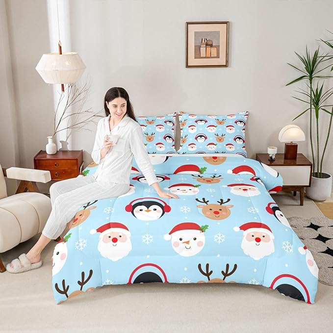 Feelyou Merry Christmas Comforter Set All Season Santa Claus Bedding Set with 2 Pillow Cases Deer Penguin Microfiber Kids Full Bedclothes Snowman Bedroom Decor Duvet Quilt Breathable Soft Lightweight