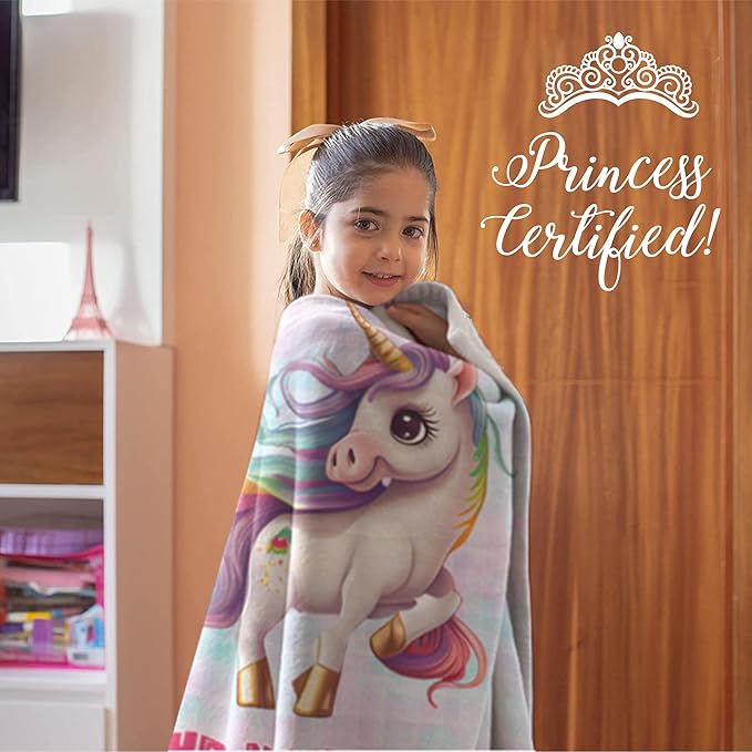Personalized Baby Unicorn Throw Blanket for Girls with Custom Name, Prancing Pony with Rainbow Mane and Tail, Cute Nursery Room Decor, Soft Plush Toddler Bedding for Babies, (Fleece 60x80)