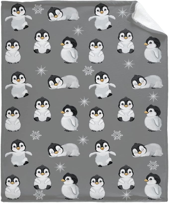 Thuswarm Cute Penguin Grey Flannel Throw Blanket Gifts Warm Cozy Soft Funny Print Blankets for Summer Room Decoration Bed Couch Sofa 40”×30” XSmall for Pets