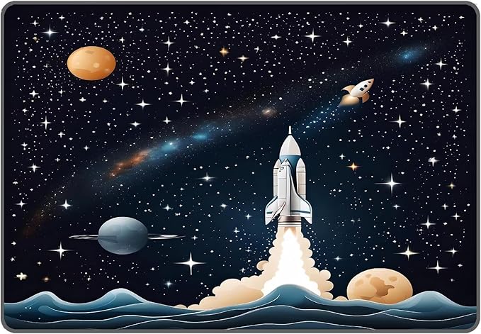 6' x 9' Space Rocket Rug for Kids Bedroom Black Stars Rugs Galaxy Carpet Planet Printed Throw Rugs for Boys Teens Living Room,180x275cm