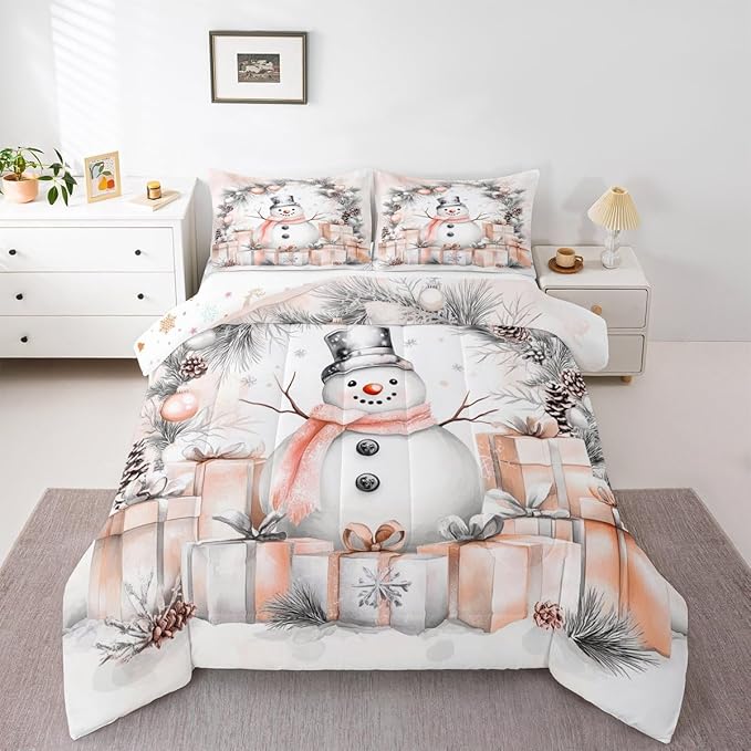 Feelyou Merry Christmas Comforter Set Toddler Size Cute Snowman Bedding Set for Kids Boys Girls Duvet Quilt Snowflake Bedroom Decor Microfiber 2 Pcs with 1 Pillow Cases