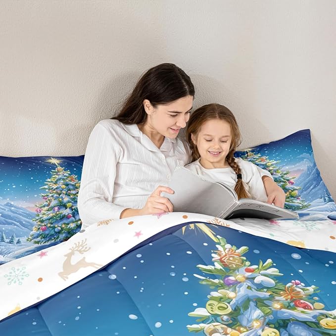 Feelyou Christmas Comforter Set Twin Size Xmas Tree Bedding Set for Kids Boys Girls Winter Snowflake Duvet Quilt Christmas Tree Ornaments Bedroom Decor Microfiber 2 Pcs with 1 Pillow Cases