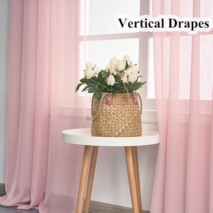 Blush Pink Sheer Curtains 90 Inches Long, Linen Look Textured Light Filtering Drapes for Girls Room Decor, Light Pink Transparent Window Treatments, Pinch Pleat Curtain with Hooks