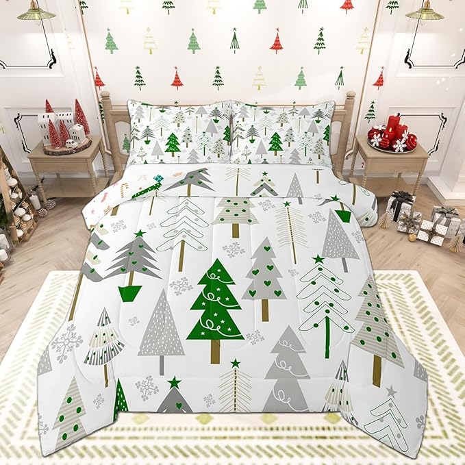 Xmas Trees Comforter Set Toddler Size,Merry Christmas Pine Botanical Boho Hand Drawn Bedding Set for Boys Teens Bedroom,Green Gray Plant Snowflakes Winter Quilted Set with 1 Pillowcase, White