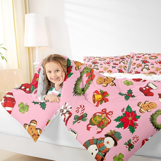 jejeloiu Merry Christmas Comforter Set Full Size Cute Snowman Bedding Set for Kids Boys Girls Gingerbread Man Duvet Quilt Pink Bedroom Decor