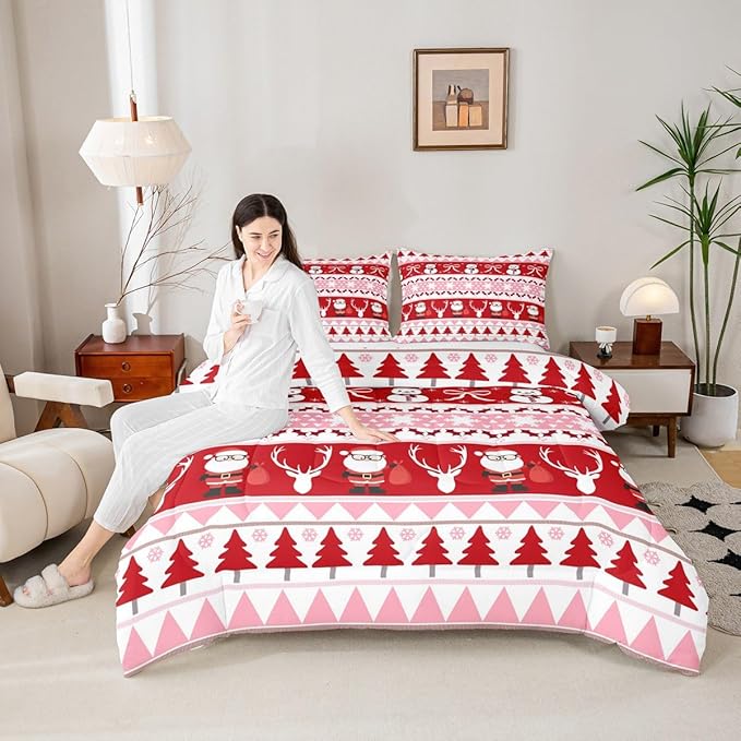 Feelyou Merry Christmas Tree Kids Comforter Set King Size Cute Snowman Bedding Set Santa Claus Duvet Quilt for Kids Boys Girls Bedroom Cartoon Bowknot Decor Microfiber Ultra Soft Breathable