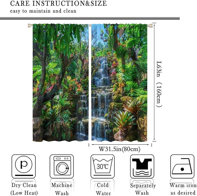 Waterfall Blackout Window Curtains, Spring Forest Nature Landscape Theme Pattern Print Window Drapes, for Living Room Bedroom 63x63in 2 Panels
