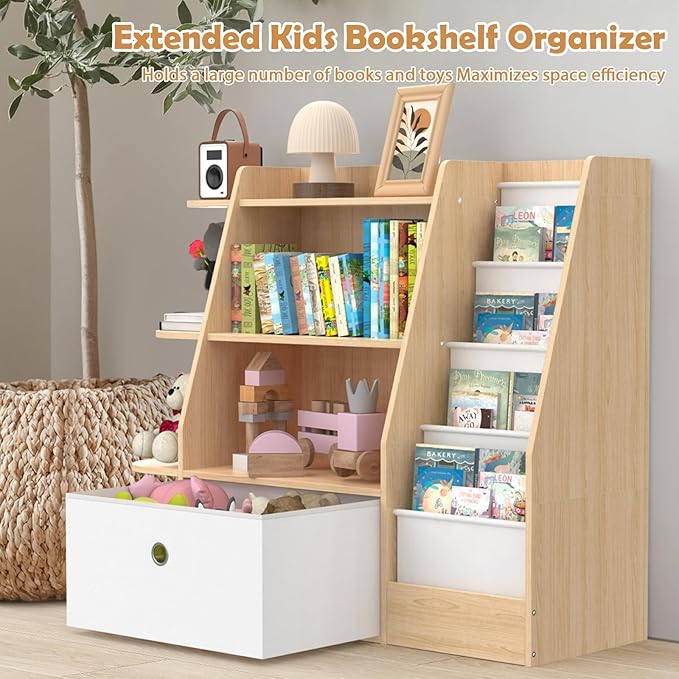 Kids Bookshelf and Toy Storage,4 Tier Wooden Kids Book Shelf,Large Childrens Bookshelf with Drawers,Open Bookcase & Storage Organizer Boxes for Nursery,Playroom, Bedroom,Burlywood