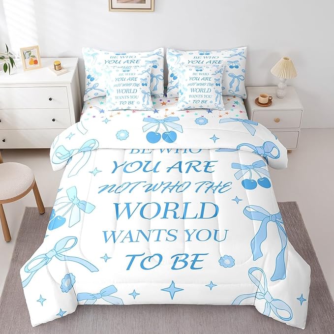 7 Pieces Blue Bowknot Kids Comforter Set King,Cherry Tropical Fruit Cartoon Princess Bedding Set,Bow Tie Stars Daisy Cute Blue Dreamy（Comforter+Fitted+Flat Sheet+2 Pillowcases+2 Throw Pillow Covers）