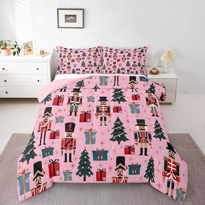 Feelyou Nutcracker Comforter Set All Season Merry Christmas Tree Bedding Set with 2 Pillow Cases Snowflake Kids Full Bedclothes Soldier Print Decor Duvet Quilt Soft Lightweight