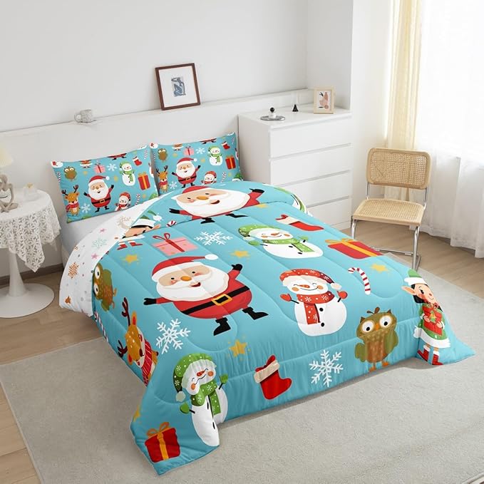 Erosebridal Merry Christmas Comforter Set Cartoon Santa Claus Quilts Toddler Size Holiday Snowman Deer Elk Bedding Set Xmas Decor for Kids Boys Teens Cute Owl Animal Down Comforter,Blue