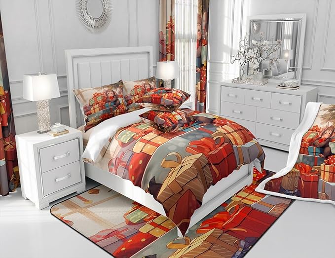 Santa Monkey Comforter Set Full Size,Merry Christmas Holiday Theme Bedding Set 3Pcs,Christmas Tree Decoration Quilt Set Kids Girls Boys Room Decor Cartoon Animal Xmas Style Duvet Insert,2 Pillowcases