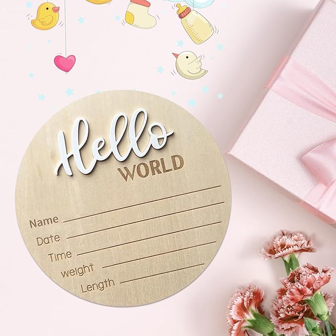 Baby Announcement Sign, 5.9 Inch Wooden Hello World Newborn Signs, Birth Announcement Sign, Baby Shower Hospital Nursery for Newborn Boys and Girls (White,Pen)