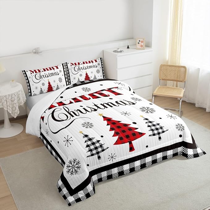 Merry Christmas New Year Kids Comforter Set Twin Size,Snowflake Pine Trees Bedding,Girls Boys Adults Bedroom/Xmas Cabin Decor,Grids Geometric Fashion Down Comforter,Rustic Duvet Insert,1 Pillowcase