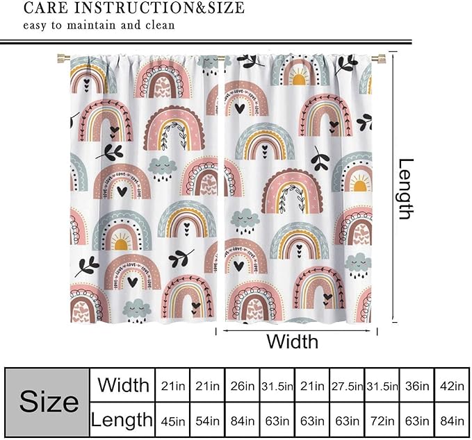 Kids Rainbow Curtains Boho Cartoon Colorful Stars Love Heart Lovely Abstract Art Pattern Print Window Drapes for Girl Bedroom Living Room Kitchen Decor,2 Panel Set,55Wx63H Inch Blackout