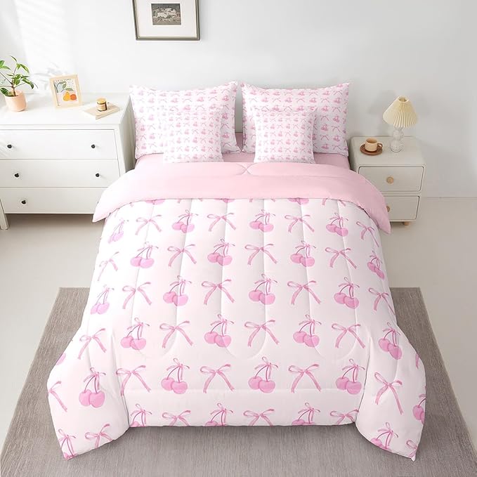 Manfei 7 Pieces Cartoon Bowknot Kids Comforter Set Twin,Pink Bow Tie Butterfly Knot Princess Bedding Set,Cherry Bow Patchwork Romantic（Comforter+Fitted+Flat Sheet+2 Pillowcases+2 Throw Pillow Covers）