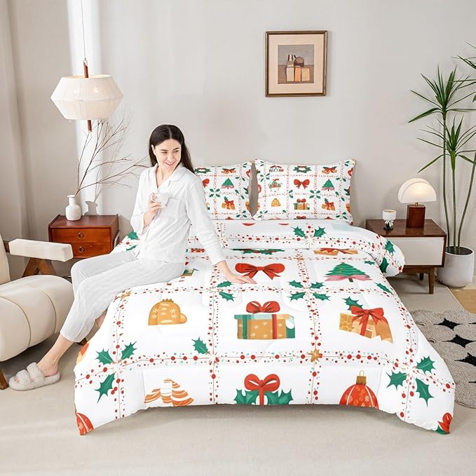 Feelyou Christmas Decor Kids Comforter Set Twin Size Red Bowknot Bedding Set New Year Gift Duvet Quilt for Kids Boys Girls Bedroom Happy New Year Decor Microfiber Ultra Soft Breathable