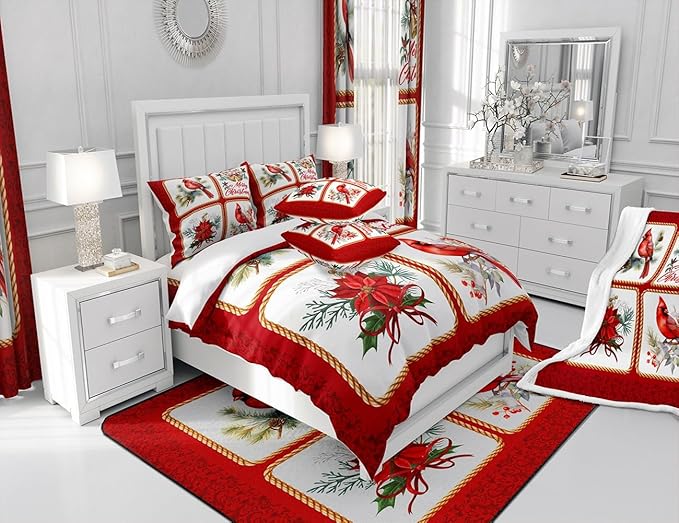 Castle Fairy Christmas Comforter Set Twin Size,Xmas Cardinals Floral Bells Checkered Bedding Set for Kids Boys Men,Cute Bird Watercolor Red Geometric Quilted Duvet Set with 1 Pillowcase