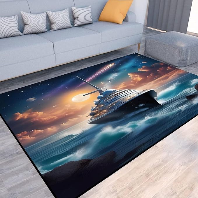 6' x 9' Nautical Ship Rug for Kids Room Galaxy Ferry Boat Rugs for Boys Bedroom Ocean Cloud Carpet Sun Planet Printed Throw Rugs for Teens Living Room,180x275cm