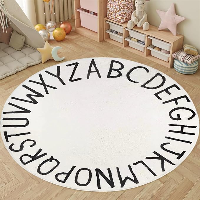 Round Alphabet Rug,3ft ABC Rugs for Kids Playroom,Boho Classroom Rug for Living Room, Bedroom, Machine Washable Soft Non Slip Non Shedding-White