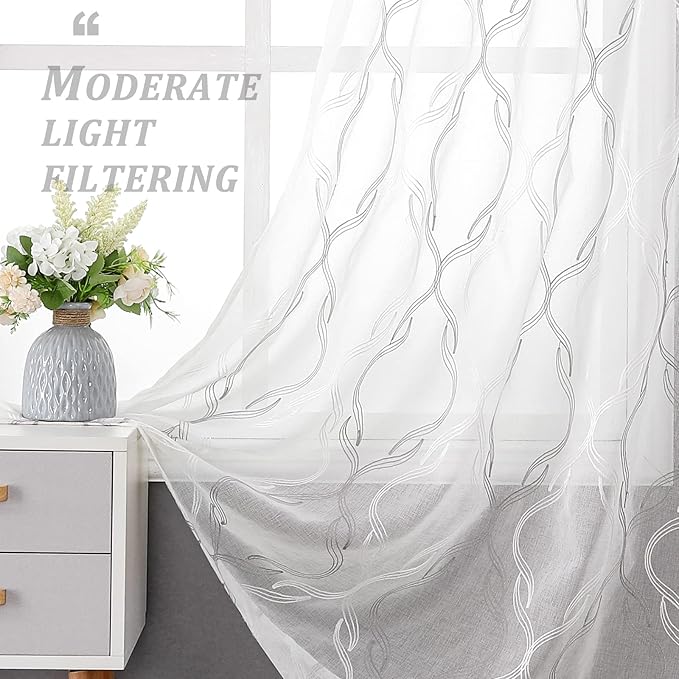 VISIONTEX Sheer Curtains 72 Inches Long 2 Panels Set, Grey and Ivory Moroccan Embroidery Texture Geometric Rod Pocket White Voile Tulle Semi Window Treatment Pair for Bedroom, W54 x L72