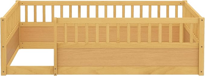 Kids Montessori Floor Bed,Full Size Floor Bed with High Fence and Door,Full Bed Frame with Guardrails for Kids,Girls,Boys,Full,Natural