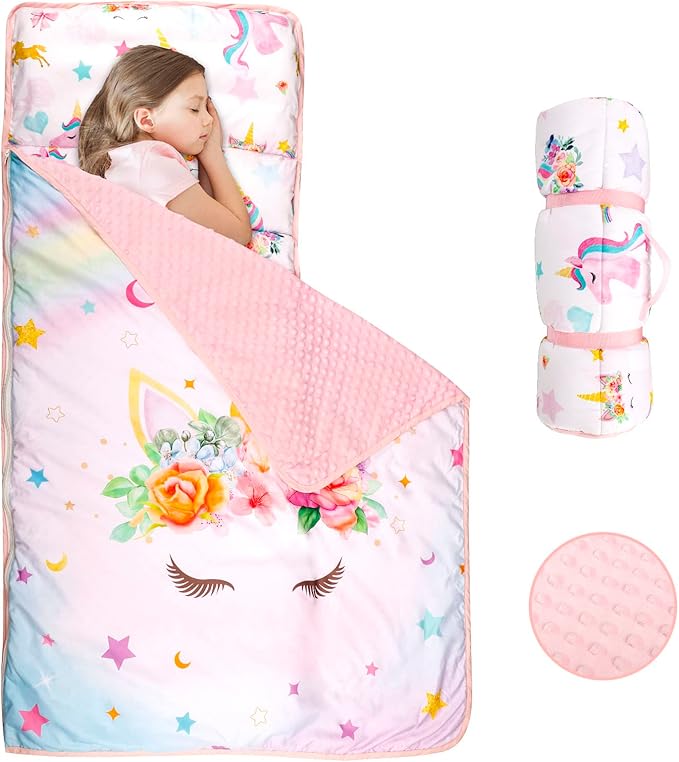 Toddler Nap Mat with Removable Pillow and Soft Dot Minky Blanket Pea Pod Kids Unicorn Napping Mats, Extra Large Rolled Slumber Bags for Girls Preschool, Daycare, Camping, 22 x 54inches Ages 3-7 Years