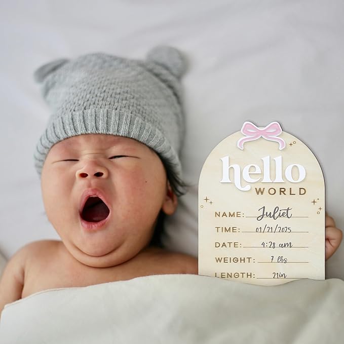 Baby Announcement Sign with Stand & Marker – Hello World Wooden Name Plaque for Newborn Photoshoot, Baby Shower, Rustic Keepsake Birth Stat Sign for Hospital Birth Announcement (Acrylic Ribbon)