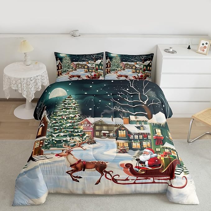 Feelyou Christmas Kids Comforter Set Toddler Size Santa Claus Bedding Set Reindeer Sled Duvet Quilt for Kids Boys Girls Bedroom Xmas Tree Decor Microfiber Ultra Soft Breathable