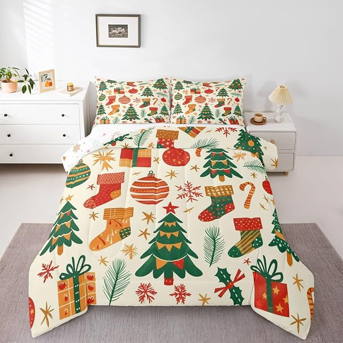 Feelyou Christmas Comforter Set All Season Xmas Tree Bedding Set with 2 Pillow Cases New Year Gift Microfiber Kids Full Bedclothes Christmas Stockings Bedroom Decor Duvet Quilt Breathable Soft