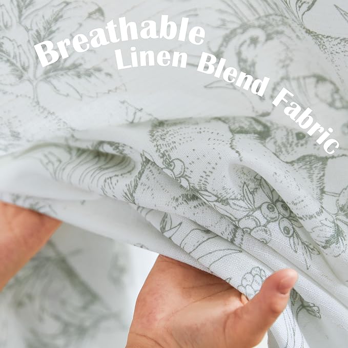 jinchan Linen Nursery Curtains 84 inch Long Woodland Wildlife Sage Green Print Drapes for Kid's Room Light Filtering French Country Farmhouse Curtains with Bunny and Forest Design Set of 2 Panels