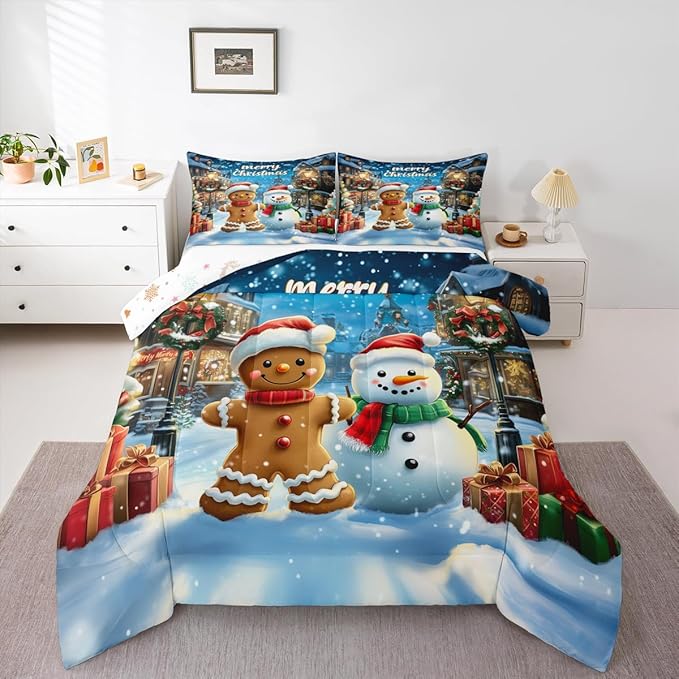 Gingerbread Man Girls Bedding Set Twin Size,Cute Snowman Merry Christmas Comforter Set,Snowflake Winter Xmas Poinsettia Quilt Comforter Girls Boys Teens,Blue Brown Room Decor All Season,1 Pillowcase