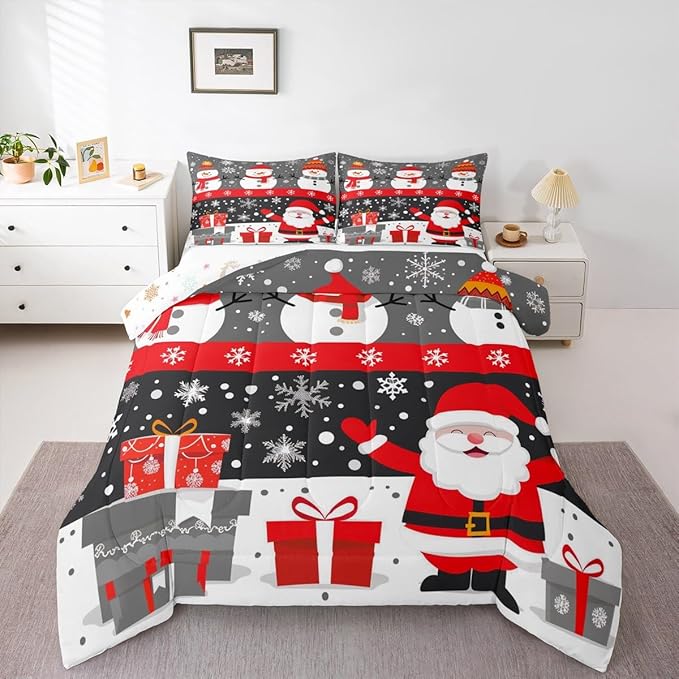 Feelyou Christmas Bedding Set Soft for Boys Girls, Merry Christmas Comforter Set King Size New Year Gift Duvet Quilt Microfiber Snowflake Bedroom Decor 3 Pcs with 2 Pillow Cases