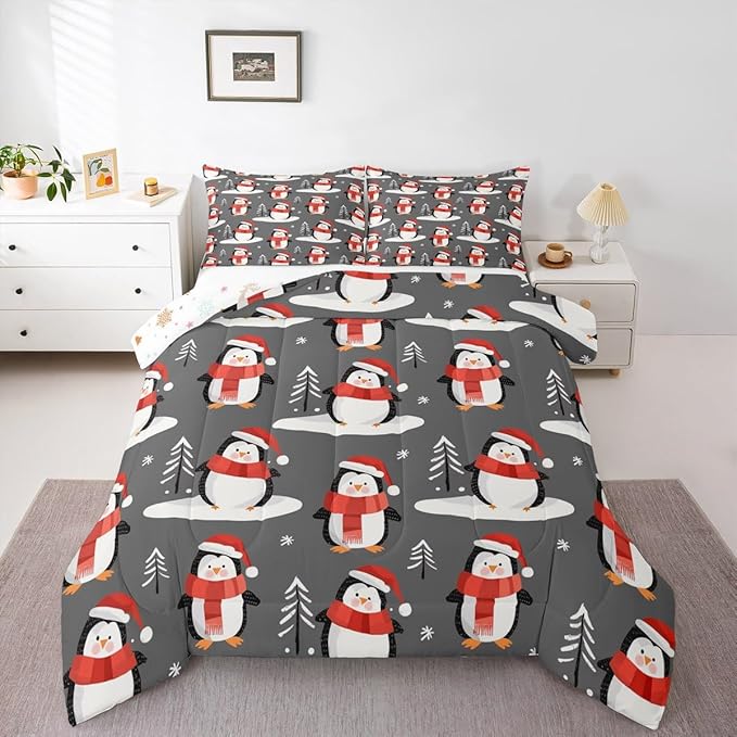 Feelyou Christmas Comforter Set All Season Penguin Bedding Set with 2 Pillow Cases Snowflake Microfiber Kids Full Bedclothes Pine Tree Bedroom Decor Duvet Quilt Breathable Soft Lightweight